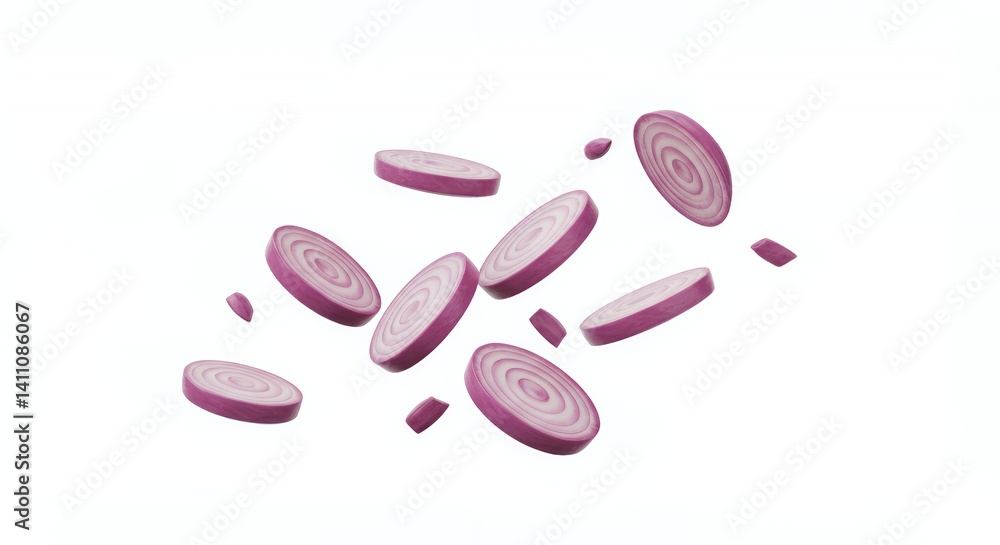 Poster floating sliced shallots 3d rendering