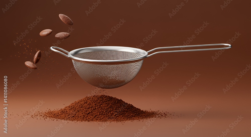 Poster floating sieve with cocoa powder and beans