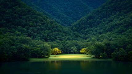 Fototapeta premium Lush Forest Meets Calm Lake, Sunlit Clearing