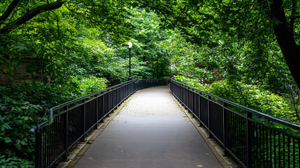 Park Path With Metal Fence Under Green Trees