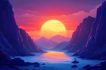 Idyllic Sunset Valley Landscape with Vibrant Sunset Colors and Serene River Reflection in Scenic Nature Scene