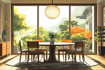 Obraz premium Modern Dining Room Interior Design with Natural Light and Japanese Style Furniture