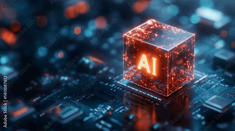 Poster digital intelligence: a luminous ai cube pulses with energy atop a futuristic circuit board, evoking