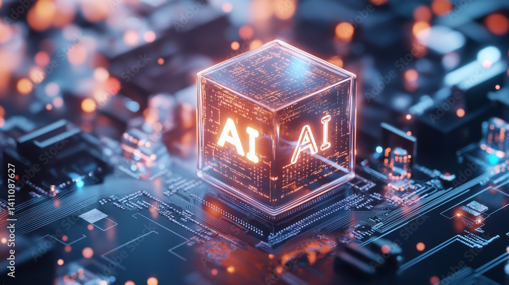 Poster ai cube on circuit board: a glowing, transparent cube with the letters 