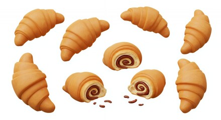 Golden Brown Croissants with Chocolate Swirl Filling on White Background
