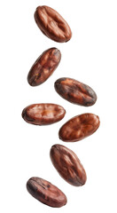 falling cocoa beans isolated on white background