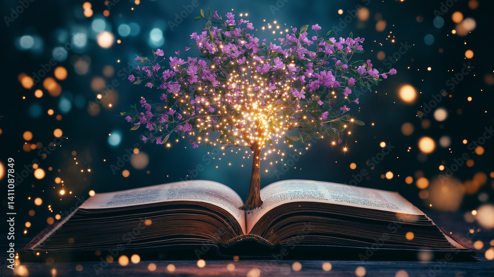 Poster magical tree of knowledge: an enchanting purple tree blossoms from an open book, its branches adorne
