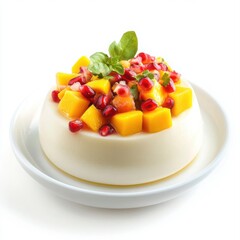 coconut panna cotta topped with vibrant tropical fruit salsa