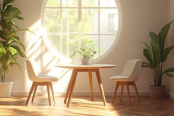Fototapeta premium Modern Scandinavian Home Decor. Bright and Cozy Interior Design with Natural Light, Stylish Furniture and Greenery