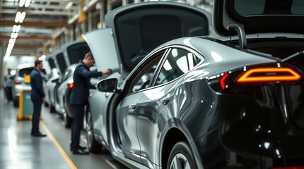 Obraz premium Engineers inspect electric cars in a factory.