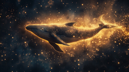 Celestial Whale: A mystical and awe-inspiring image of a whale gracefully gliding through a starry galaxy, illuminated by ethereal golden light.