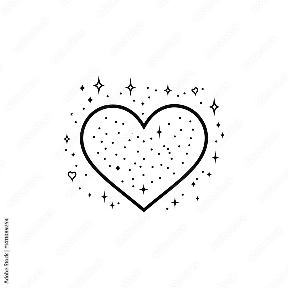 Poster outline heart surrounded by stars and dots with transparent background design