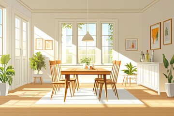 Modern Dining Room Interior Design with Natural Light and Wooden Furniture. Scandinavian Inspired, Minimalist Decor Featuring Plants and Bright Colors