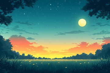 Fototapeta premium Tranquil Moonlight Landscape - Serene Night Sky and Vibrant Starry Dusk Illustration