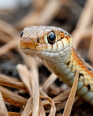 Obraz premium A snake with striking patterns peeks through dry grass, glistening with morning dew, showcasing the beauty of wildlife in a tranquil rural landscape under the sun.