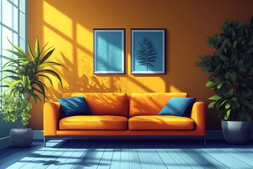 Fototapeta premium Vibrant Modern Interior with Orange Sofa, House Plants, and Wall Art Cozy Living Room Home Design Inspiration