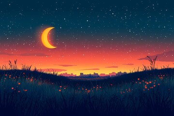 Fototapeta premium Dreamy Moonlit Landscape Illustration. Vibrant Night Sky and Crescent Moon in Tranquil Rural Field
