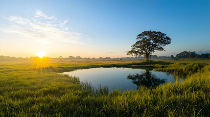 Fototapeta premium Sunrise over Misty Meadow with Pond and Tree