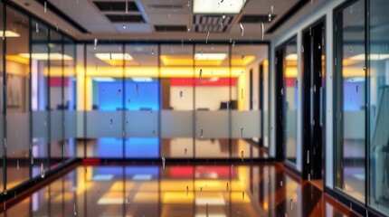 Rain on window with blurred modern office in background.