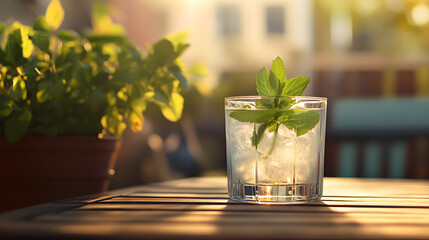 glasses of a drink with ice and mint leaves on top