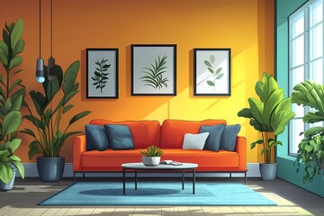 Modern Living Room with Orange Couch and Houseplants. Bright, Minimalist Design Featuring Vibrant Colors and Natural Light