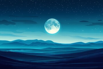 Moonlit Landscape. Serene Night Sky in Digital Art with Starry Night and Mountain Silhouette - Tranquil Environment in Bluescale Scenic Backdrop for Nature Illustration