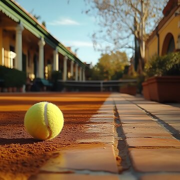 Tennis ball on terracotta court, sunny courtyard