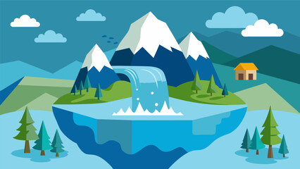 A simulation of melting glaciers and their effects on fresh water supply highlighting the vulnerability of these natural resources in the face of climate change.. Vector illustration