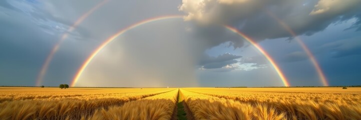 Obraz premium Breathtaking view of colorful double rainbow above wheat field amid storm clouds, awe-inspiring, landscape