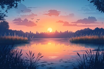 Serene Sunset Lake Reflection. Colorful Tranquil Nature Scenery with Silhouettes and Vibrant Evening Sky