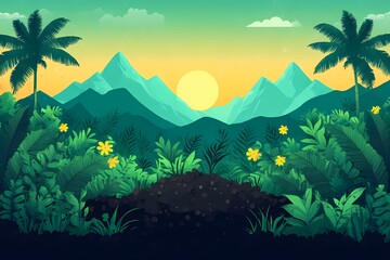 Fototapeta premium Digital Art of a Tropical Mountain Forest at Sunset. Nature Lovers Paradise with Vibrant Colors and Palm Tree Silhouettes