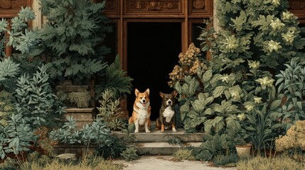 Obraz premium Two corgis sit patiently before a stately, dark doorway.