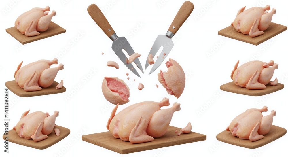 Poster isometric 3d rendering of whole chicken butchering process on white background