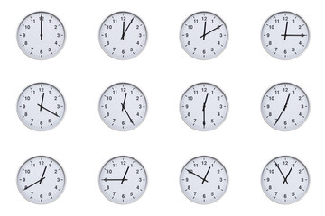 Set of wall clocks with silver frames and clean white faces, each displaying time at 5 minute...
