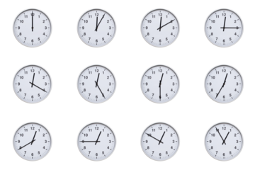 Set of wall clocks with silver frames and clean white faces, each displaying time at 5 minute intervals from 00:00 to 00:55 or 12:00 to 12:55. Ideal for visualizing concepts like time tracking, routin