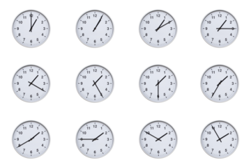 Set of wall clocks with silver frames and clean white faces, each displaying time at 5 minute intervals from 01:00 to 01:55 or 13:00 to 13:55. Ideal for visualizing concepts like time tracking, routin