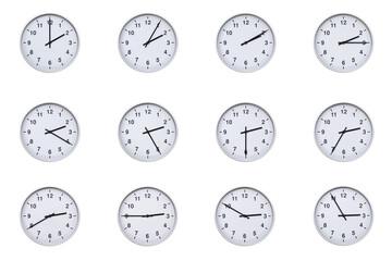 Set of wall clocks with silver frames and clean white faces, each displaying time at 5 minute intervals from 02:00 to 02:55 or 14:00 to 14:55. Ideal for visualizing concepts like time tracking, routin