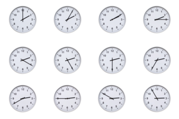 Set of wall clocks with silver frames and clean white faces, each displaying time at 5 minute intervals from 02:00 to 02:55 or 14:00 to 14:55. Ideal for visualizing concepts like time tracking, routin