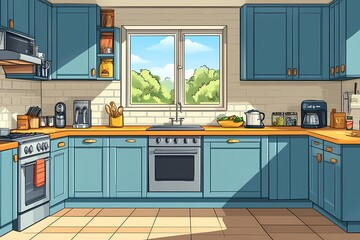Modern Kitchen Interior with Blue Cabinets and Cartoon Wooden Design Featuring Cooking Utensils and Appliances for a Cosy Morning Lifestyle