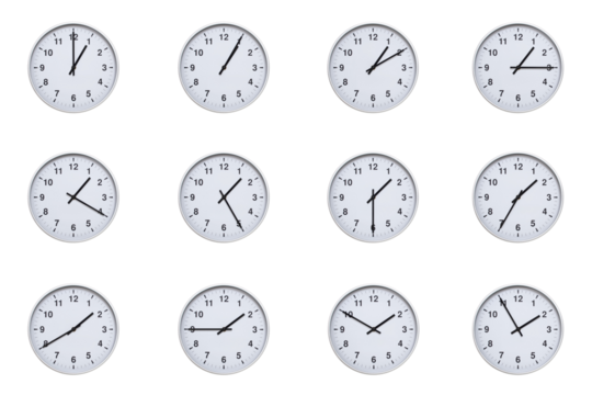 Set of wall clocks with silver frames and clean white faces, each displaying time at 5 minute intervals from 01:00 to 01:55 or 13:00 to 13:55. Ideal for visualizing concepts like time tracking, routin
