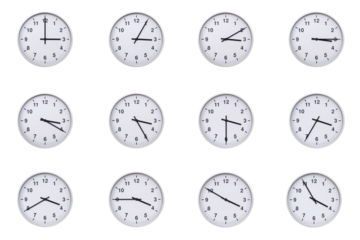 Set of wall clocks with silver frames and clean white faces, each displaying time at 5 minute intervals from 04:00 to 04:55 or 16:00 to 16:55. Ideal for visualizing concepts like time tracking, routin