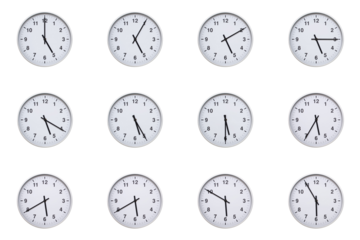 Set of wall clocks with silver frames and clean white faces, each displaying time at 5 minute intervals from 05:00 to 05:55 or 17:00 to 17:55. Ideal for visualizing concepts like time tracking, routin
