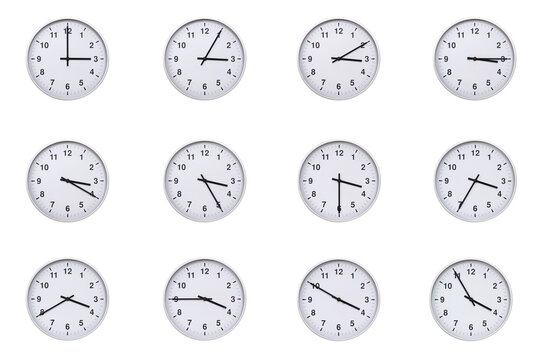 Set of wall clocks with silver frames and clean white faces, each displaying time at 5 minute intervals from 04:00 to 04:55 or 16:00 to 16:55. Ideal for visualizing concepts like time tracking, routin