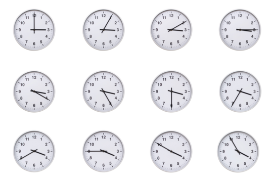 Set of wall clocks with silver frames and clean white faces, each displaying time at 5 minute intervals from 04:00 to 04:55 or 16:00 to 16:55. Ideal for visualizing concepts like time tracking, routin