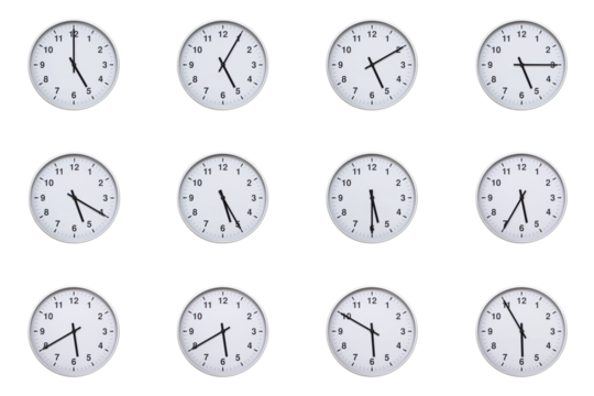 Set of wall clocks with silver frames and clean white faces, each displaying time at 5 minute intervals from 05:00 to 05:55 or 17:00 to 17:55. Ideal for visualizing concepts like time tracking, routin
