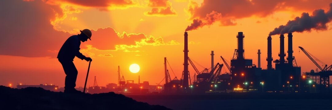 Composite image of laborer and factory silhouette, worker, plant