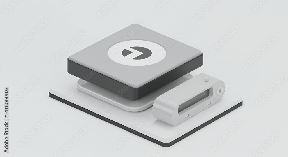 Poster isometric gray device with circular logo 3d render