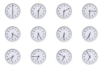 Set of wall clocks with silver frames and clean white faces, each displaying time at 5 minute intervals from 06:00 to 06:55 or 18:00 to 18:55. Ideal for visualizing concepts like time tracking, routin
