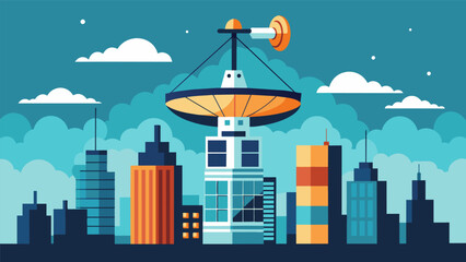 Obraz premium Suspended high above the city an advanced communication satellite serves as the backbone for the citys highspeed network enabling seamless internet connectivity for all residents.. Vector illustration