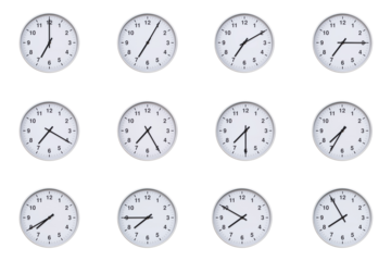 Set of wall clocks with silver frames and clean white faces, each displaying time at 5 minute intervals from 07:00 to 07:55 or 19:00 to 19:55. Ideal for visualizing concepts like time tracking, routin
